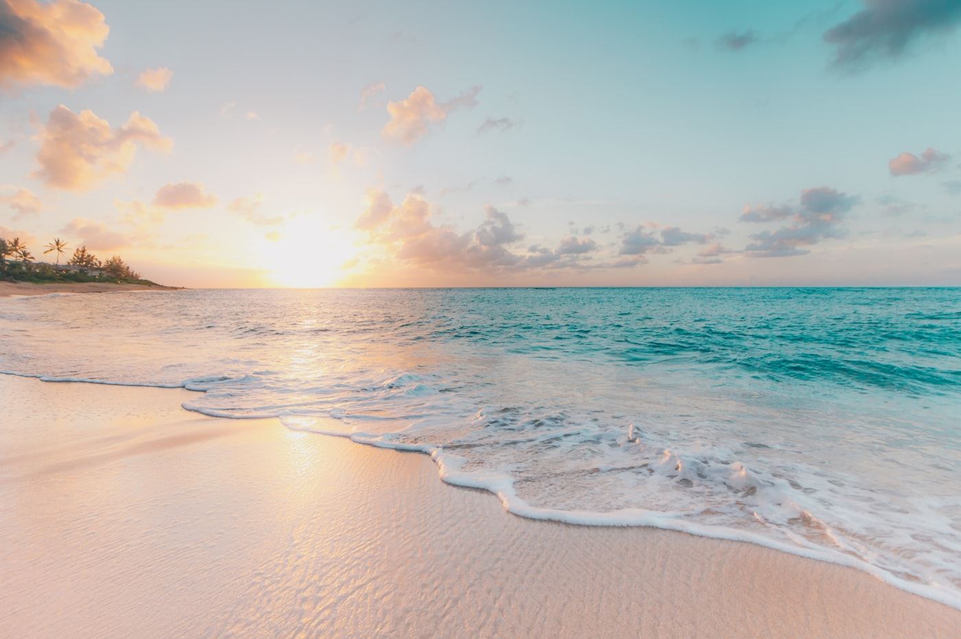 Turquoise water and palm-lined tropical shore at sunrise