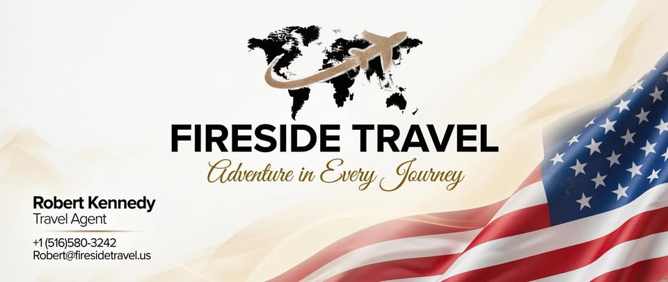 Fireside Travel branded banner: world-map mark, Adventure in Every Journey, Robert Kennedy contact, American flag accent