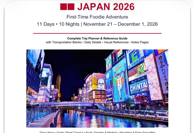 Cover of Robert Kennedy’s Japan 2026 First-Time Foodie Adventure itinerary, November 21 to December 1, 2026