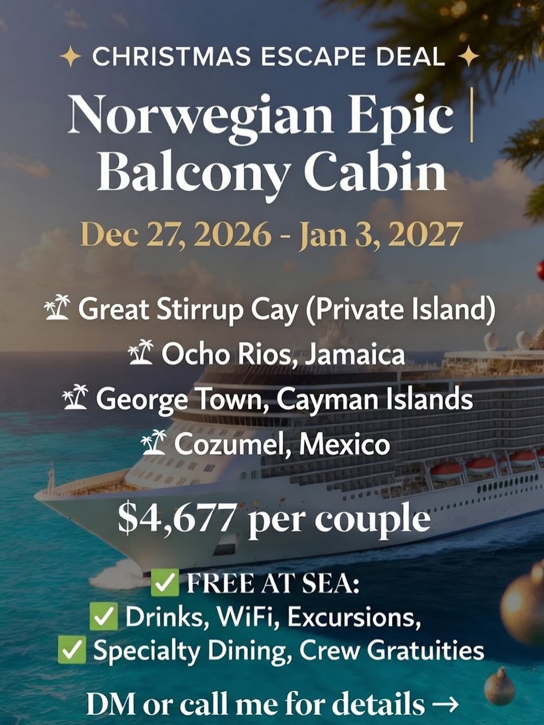 Christmas Escape flyer for a Norwegian Epic balcony sailing, December 27, 2026 to January 3, 2027